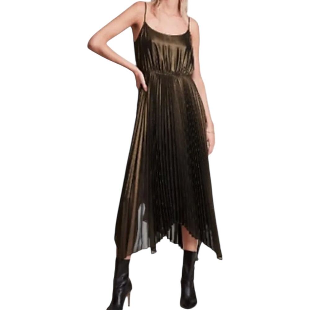 AllSaints Lerin Dress Midi Pleated Sleeveless Asymmetric Draped Metallic Gold S